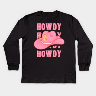 HOWDY HOWDY HOWDY YALL | Pink Cowboy Hat Cowgirl Preppy Aesthetic | Vintage Black Background Kids Long Sleeve T-Shirt